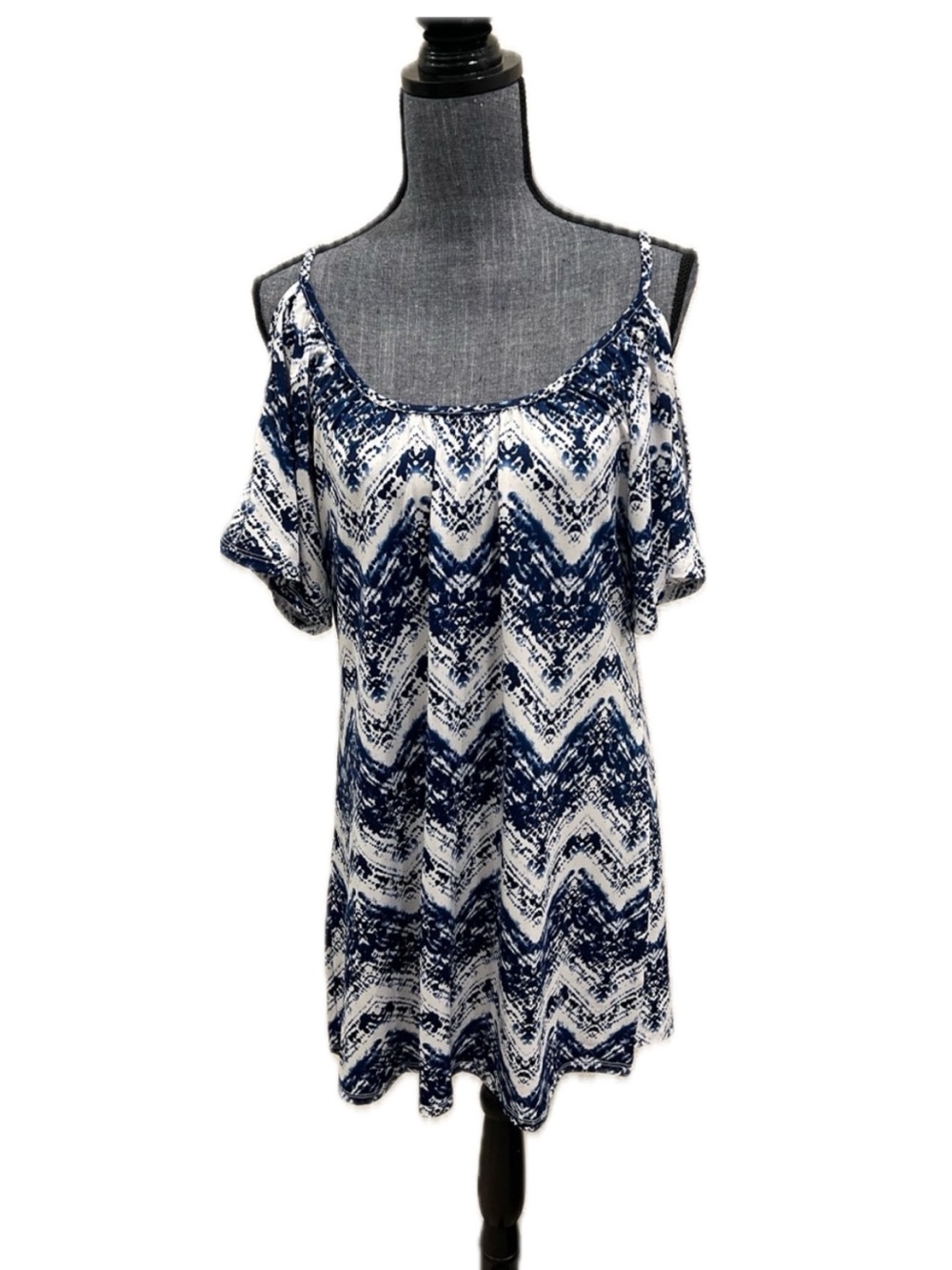 Venus Blue and White Chevron Cold-Shoulder Dress